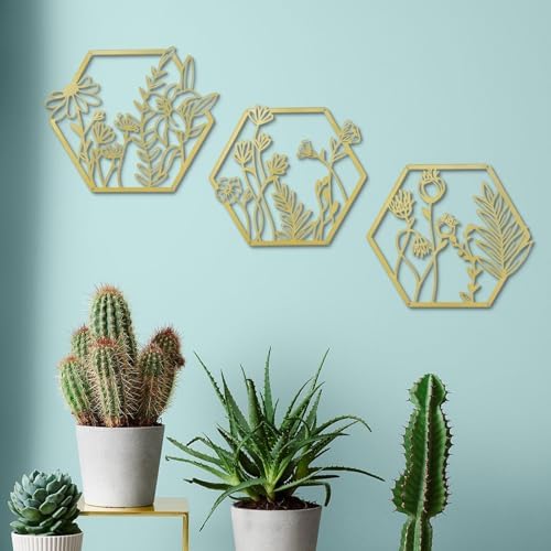 OYEFLY 3 Pcs Gold Metal Flower Wall Decor