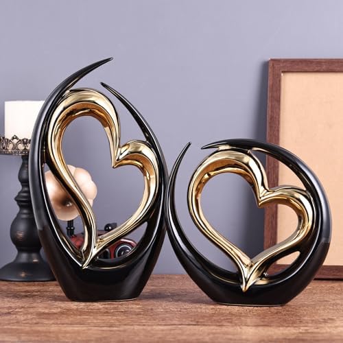 Ceramic Black Double Heart Statue - Elegant Wedding Decor
