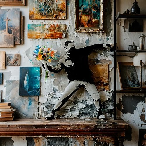 Banksy Flower Thrower Resin Statue - 86 Inch Black