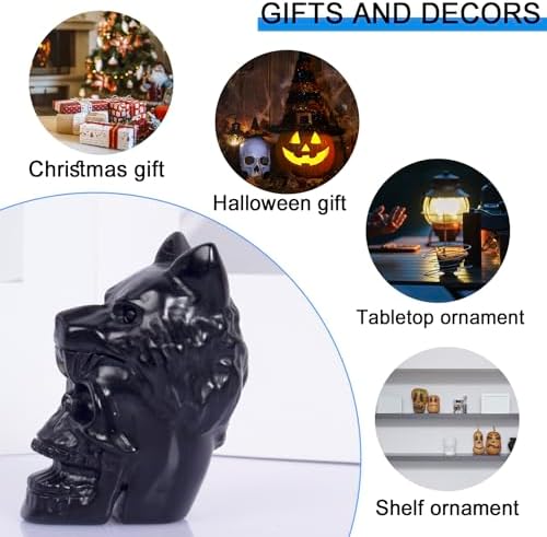217 Inch Black Obsidian Crystal Skull Wolf Head Statue Decor