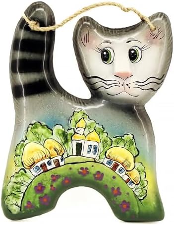 Stp Goods Cat and Village Ceramic Wall Hanging Decor
