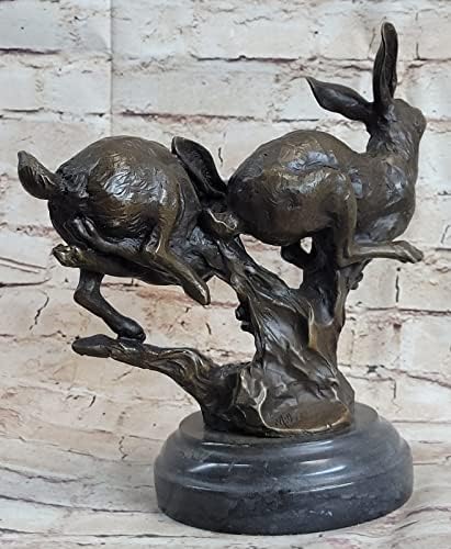 European Bronze Two Rabbits Chasing Sculpture Home Decor Art