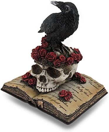 Zeckos Mystical Raven on Rose-Covered Skull Hand Painted Resin Statue