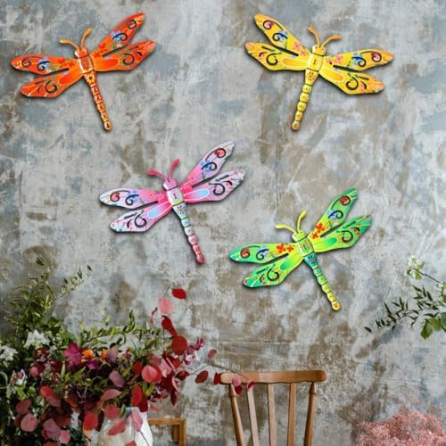4PCS Wall Decor Metal Dragonfly Sculptures for Home Garden
