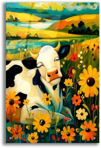 Whimsical Meadow Cow Serene Countryside Acrylic Wall Art 24x36