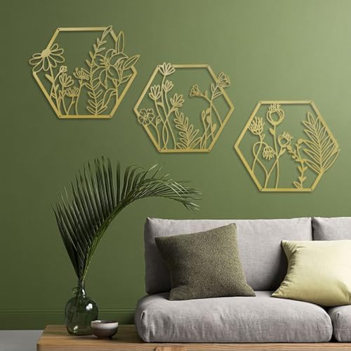OYEFLY 3 Pcs Gold Metal Flower Wall Decor