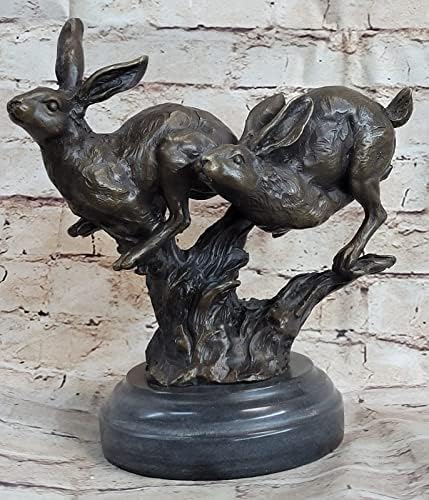 European Bronze Two Rabbits Chasing Sculpture Home Decor Art