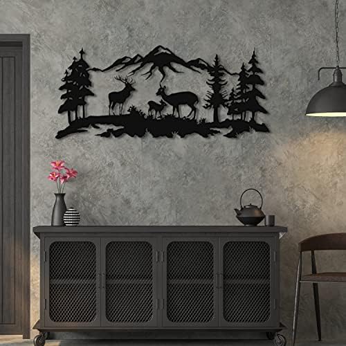 Black Metal Wall Art with Forest Deer Family Design
