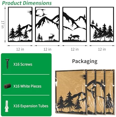 LONGKING 4 Pack Metal Wall Art Black 17x12in