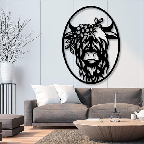 Rustic Highland Cow Wall Art Black 24x18 Metal Decor
