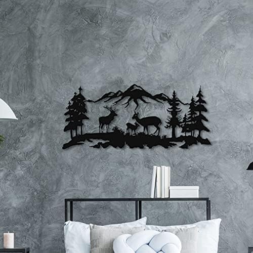 Black Metal Wall Art with Forest Deer Family Design